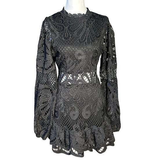 Showpo Black Lace Mock Neck Bare Midriff Puff Sleeve Ruffled Hem Mini Dress - Picture 1 of 9